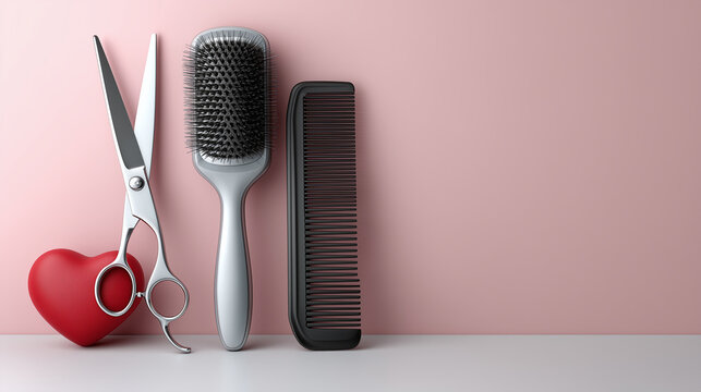 scissors comb and heart on pink background for hair salon