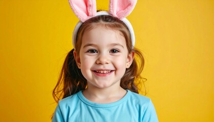 Portrait of little girl in blue t-shirt with Easter bunny ears on her head on a yellow isolated background. 
