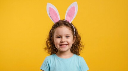 Portrait of little girl in blue t-shirt with Easter bunny ears on her head on a yellow isolated background. 
