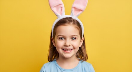 Portrait of little girl in blue t-shirt with Easter bunny ears on her head on a yellow isolated background. 
