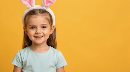 Portrait of little girl in blue t-shirt with Easter bunny ears on her head on a yellow isolated background. 
