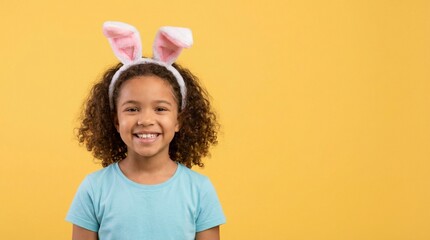 Portrait of little girl in blue t-shirt with Easter bunny ears on her head on a yellow isolated background. 
