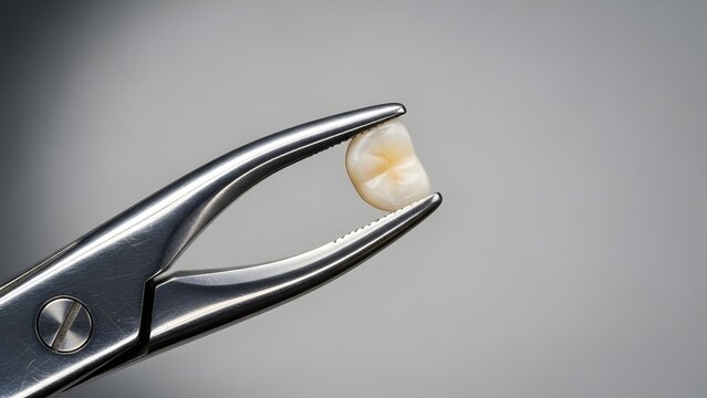 Dentist metal forceps tool holding pulled human molar tooth after extraction procedure in dental clinic