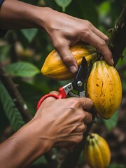 Close up hands harvesting ripe yellow cacao pods with pruning shears in plantatio