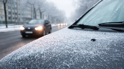 Frosted car windshield on winter morning with frozen spray