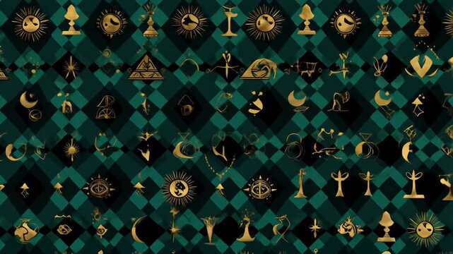 Golden symbols of suns, moons, triangles, crosses, and other geometric shapes against green diamonds