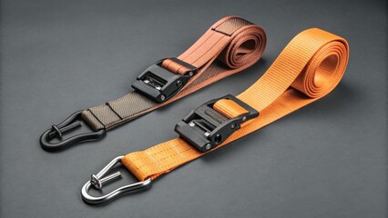 Heavy duty orange and brown straps with metal hooks and buckles designed for secure back haul cost efficient cargo transport solutions