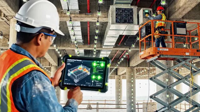 Construction worker on orange lift performing task on ceiling in unfinished building