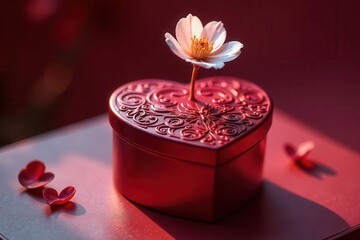 A delicate white blossom emerges from a heart-shaped crimson box, adorned with intricate swirling designs, resting on a rich red surface; two small heart-shaped petals lie nearby.