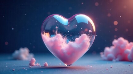 Enchanted Heart A Glass Vessel Holding Delicate Pink Clouds and Tiny Blossoms, Floating in a Dreamlike Setting