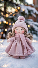 Cute Winter Doll with Cozy Knit Outfit in Snowy Holiday Scene . Thank You .