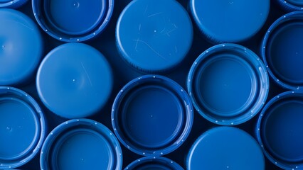 Top view of many blue plastic bottle caps forming a repeating pattern for recycling concept background