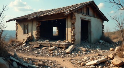 A dilapidated dwelling, weathered by time and elements, stands amidst a field of rocks, a testament to the passage of years and the resilience of nature.