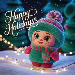 Cute Winter Doll with Cozy Knit Outfit in Snowy Holiday Scene . Thank You .