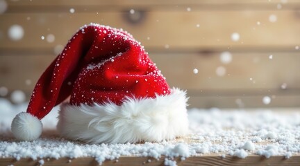 A Festive Red Hat Adorned with Winter's Delicate Snowflakes, Resting on a Wooden Surface