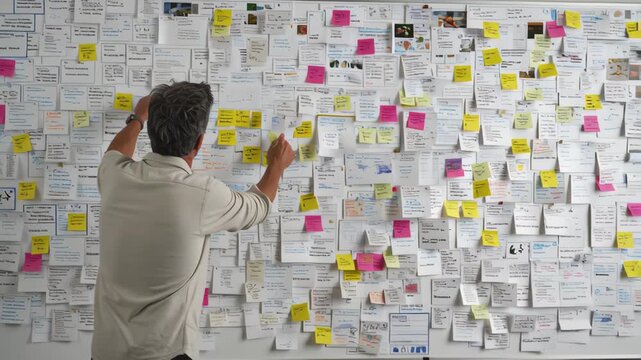 Person organizing sticky notes and papers wall filled with colorful notes for planning, organization, brainstorming, and project management busy workspace with task board items rearranged to reduce