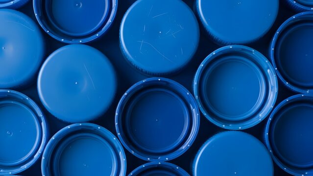 Top view of many blue plastic bottle caps forming a repeating pattern for recycling concept background