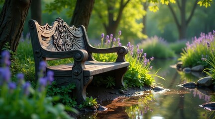 Serene Ornate Bench by a Tranquil Stream in a Lush Garden Setting