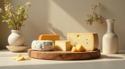 A sunlit tableau of assorted cheeses arranged on a wooden board, complemented by delicate floral arrangements and elegant ceramic vessels.