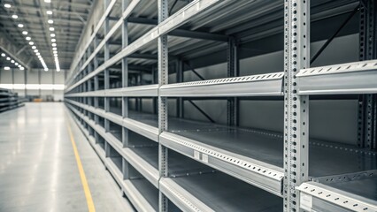 Empty warehouse shelf with industrial metal rack in large storage facility showing back haul cost impact on inventory management efficiency