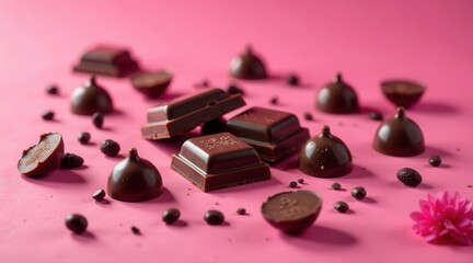 An assortment of dark chocolate squares and dome-shaped candies rests on a vibrant pink surface, accented with small dark brown specks and a single pink flower.
