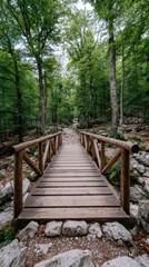 Tranquil forest pathway with wooden bridge and guardrail for a nature retreat concept