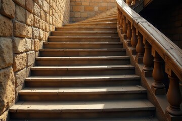 Stone Steps Ascending a Curved Staircase with Wooden Balustrade and Stone Wall