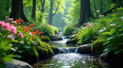 Serene Stream Flowing Through a Lush Forest Landscape, Adorned with Vibrant Blossoms and Mossy Rocks