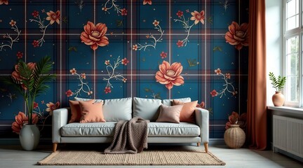 A Luxurious Living Room Design Featuring a Teal Plaid Wallpaper Accentuated with Delicate Floral Motifs and a Light Gray Sofa
