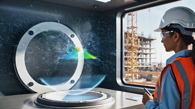 A person in hard hat and safety vest views a 3D holographic display of brain made of various mechanical components near an ongoing construction site