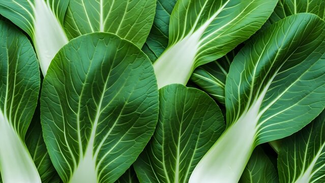 Macro close up of fresh organic green baby bok choy leaves for healthy vegan meal preparation