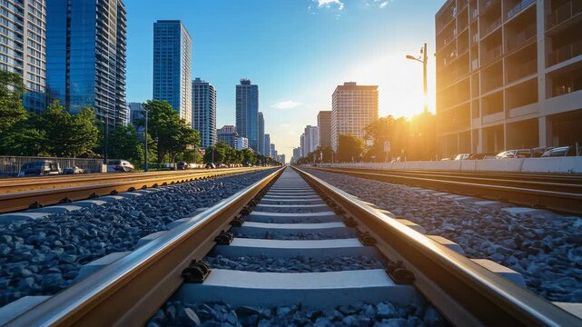 City Skyline Rail Tracks Lead Toward a Golden Sunset.