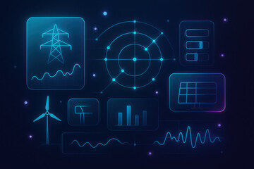 Innovative predictive maintenance dashboard showcasing energy sources like wind and solar with data visualizations for efficient monitoring