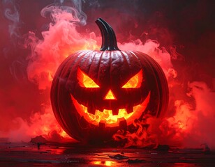 Spooky pumpkin with menacing glowing face surrounded by red smoke