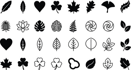 Large collection of leaf and heart vector icons featuring maple oak fern and tropical foliage silhouettes for nature design. © Mst