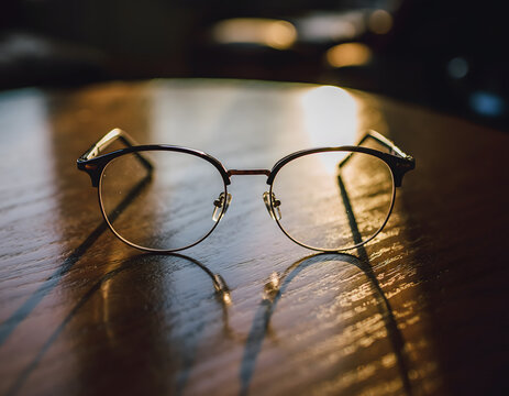Close-up of a pair of glasses on a wooden table with warm lighting and a shallow depth of field.