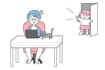 在宅ワーク中に家族やペットに仕事を邪魔される男性のイラスト