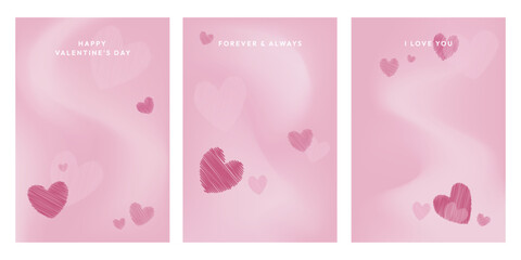 soft pink valentine&rsquo;s day card set featuring gentle heart illustrations and romantic phrases like happy valentine&rsquo;s day, forever and always and i love you. romantic backgrounds.