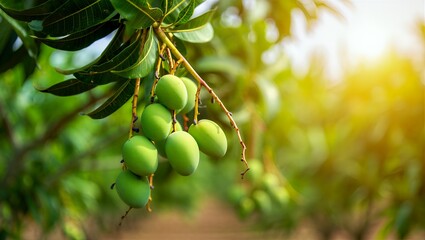 Raw green mangoes hanging from a tree branch on a sunny day with a blurred background
