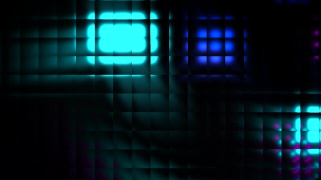 A textured visual effect where glowing blue and purple lights are refracted through a grid of glass blocks, creating a shimmering, mosaic-like patterns of square particles.