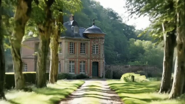 A winding dirt path leads to a historic manor, framed by a row of tall trees, in a scenic landscape
