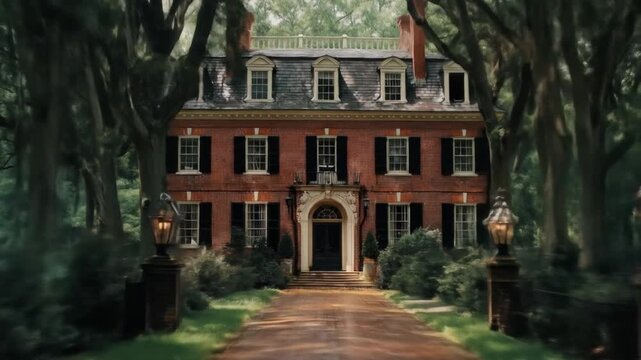 A large brick mansion is framed by tall trees, with a path leading to its entrance