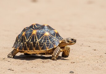 Obraz premium Tortoise walking on sandy beach with unique shell pattern