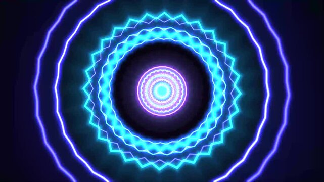 A high-energy neon tunnel made of circular and star-shaped zig-zag patterns in electric blue and purple, pulsing rapidly from the center toward the camera.