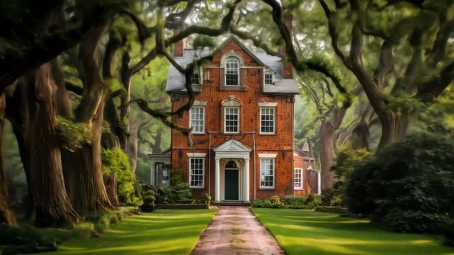A grand brick house is nestled deep in a wooded area with trees arching over a path