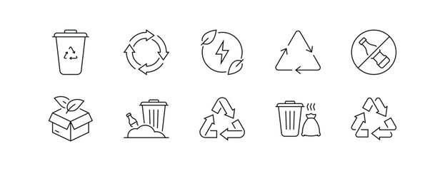 Recycle Icon Set with Waste Management and Sustainability Symbols in Line Style Editable Strokes