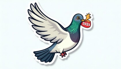 Vibrant pigeon flying with 2026 New Year's bomb in beak