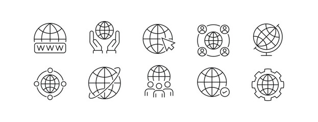 Worldwide and Global Connection Icon Set with Networking and Internet Symbols in Editable Line Style