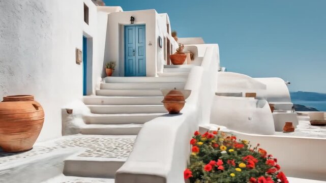 Whitewashed architecture with blue doors, steps, potted plants, and the Aegean Sea in the distance