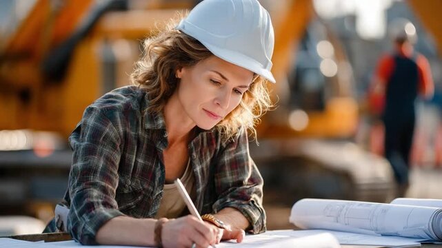 Blueprint Contemplation: A focused woman in a construction site helmet, diligently sketching over blueprints, showcasing her commitment to precise planning and structural integrity.